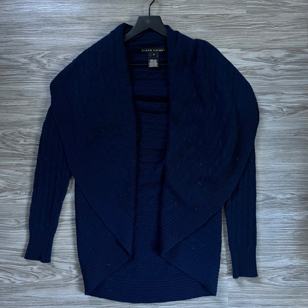 Ralph Lauren Black Label Cashmere Cable Knit Open Front Cardigan Navy Blue Sz M